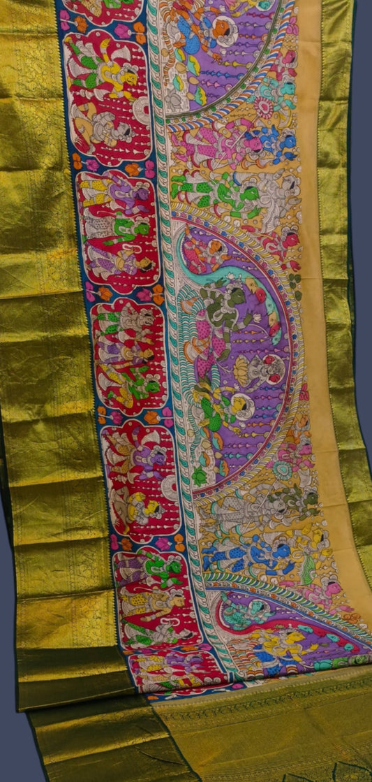 Karigar's Kalamkari pen work on Kanchi Silk Saree