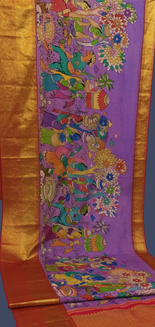 Karigar's Kalamkari pen work on Kanchi Silk Saree